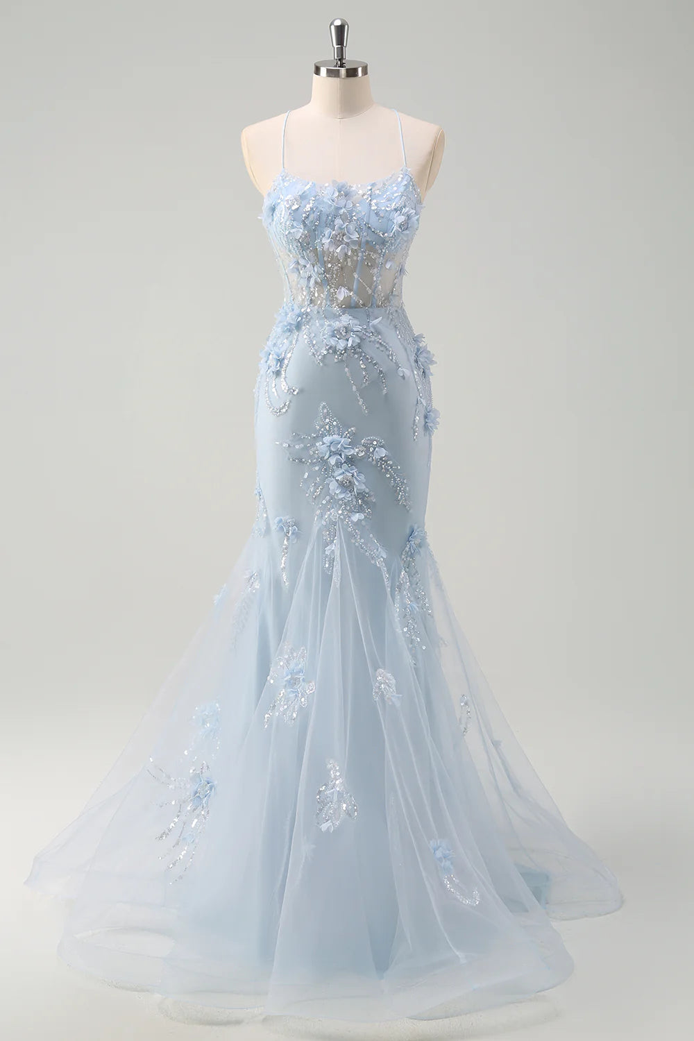 Elegant Spaghetti Straps Mermaid Long Prom Dress with 3D Flowers